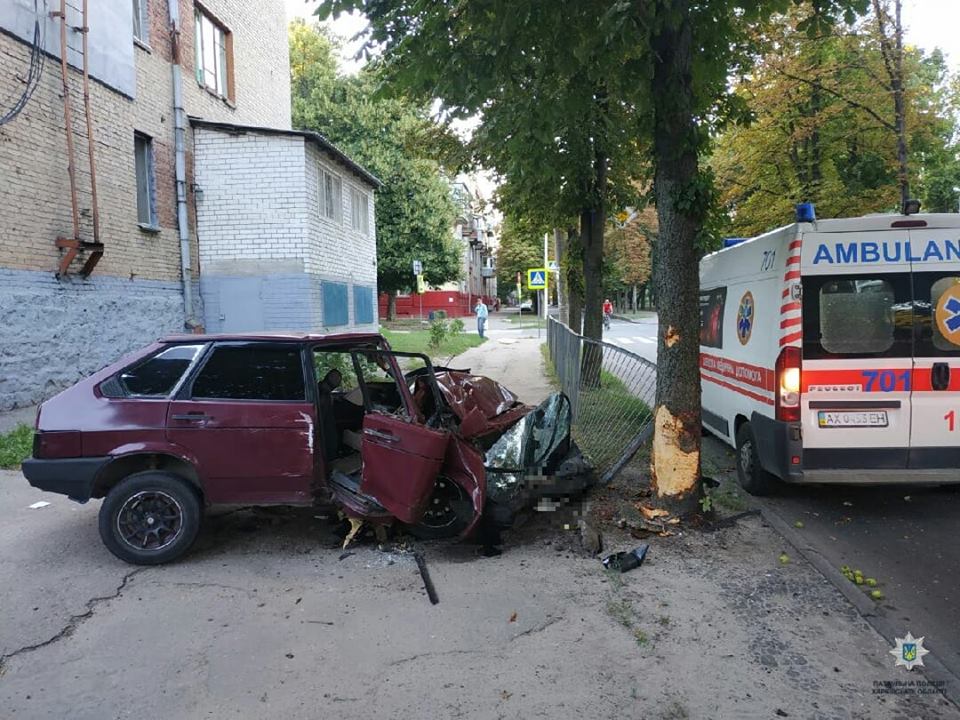 На ХТЗ машина врезалась в дерево (фото)