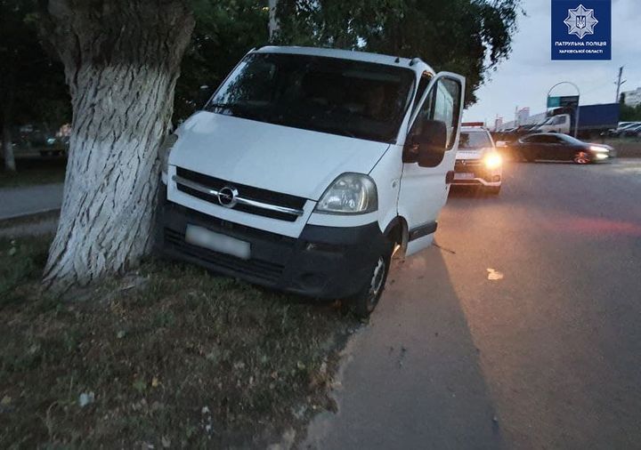 В Харькове микроавтобус без водителя покатился по улице и врезался в дерево
