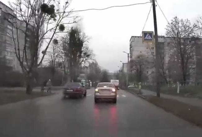 На Салтовке водитель ехал по встречке и чуть не сбил детей на переходе (видео)